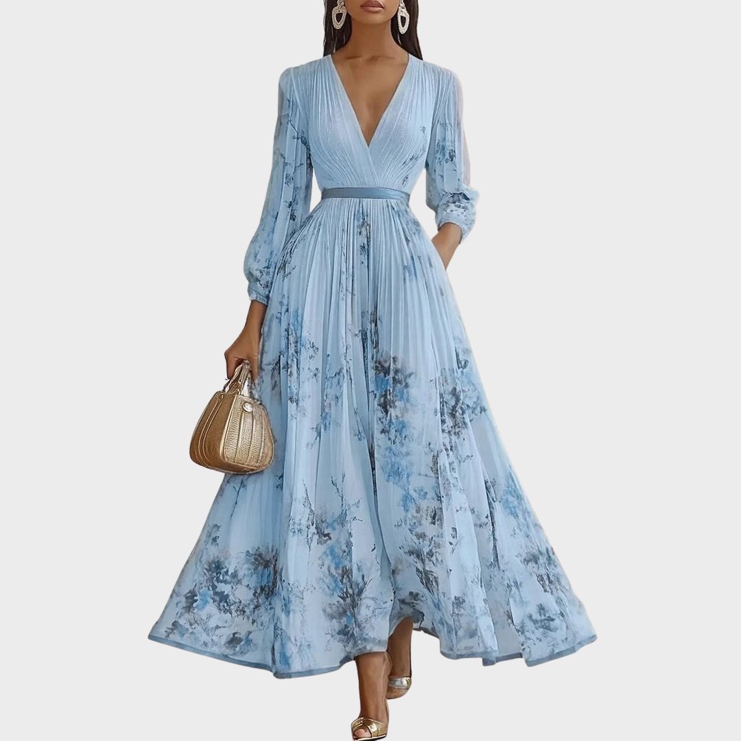 Louisa | V-Neck A-Line Midi Floral Pleated Dress