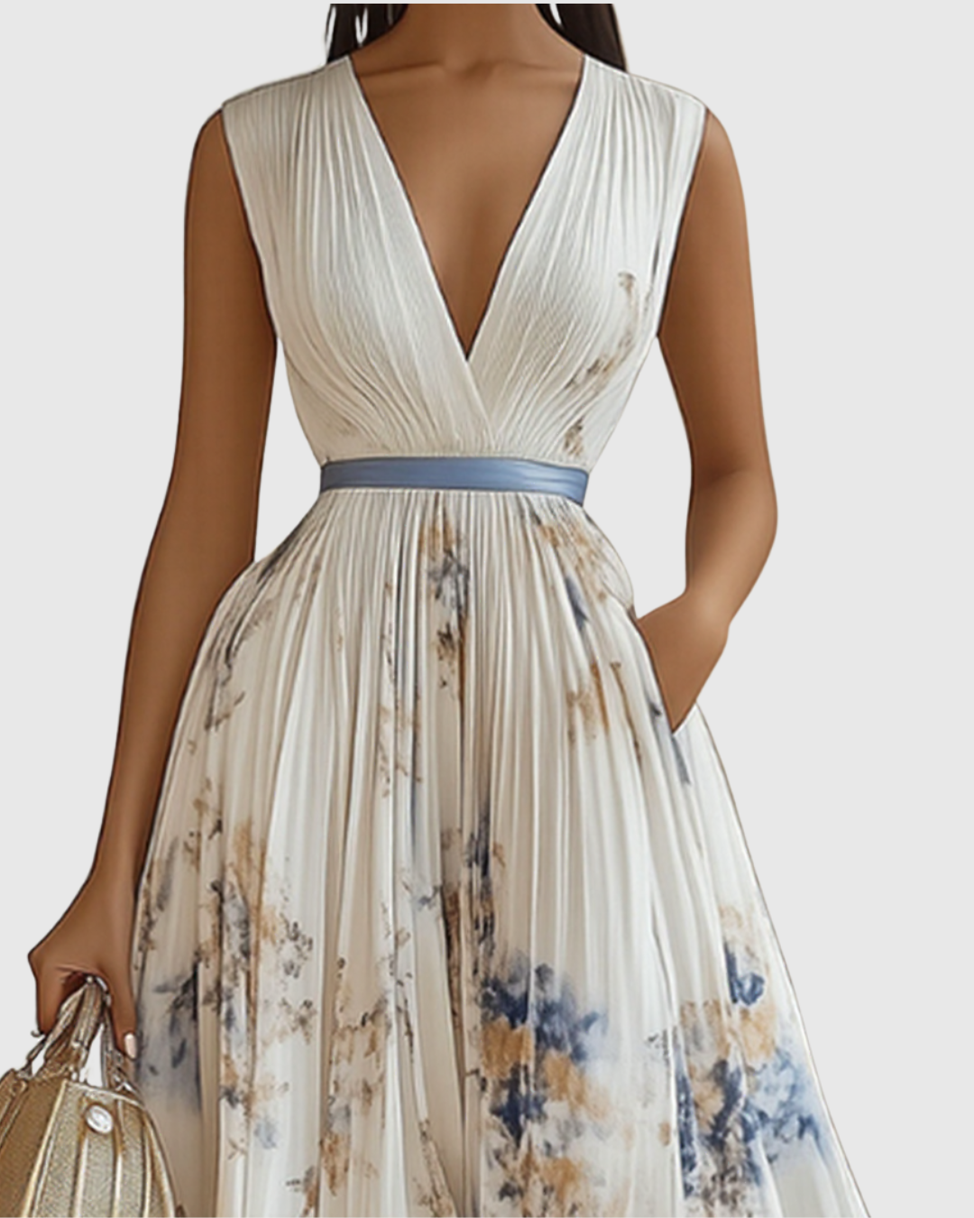 Louisa | V-Neck A-Line Midi Floral Pleated Dress