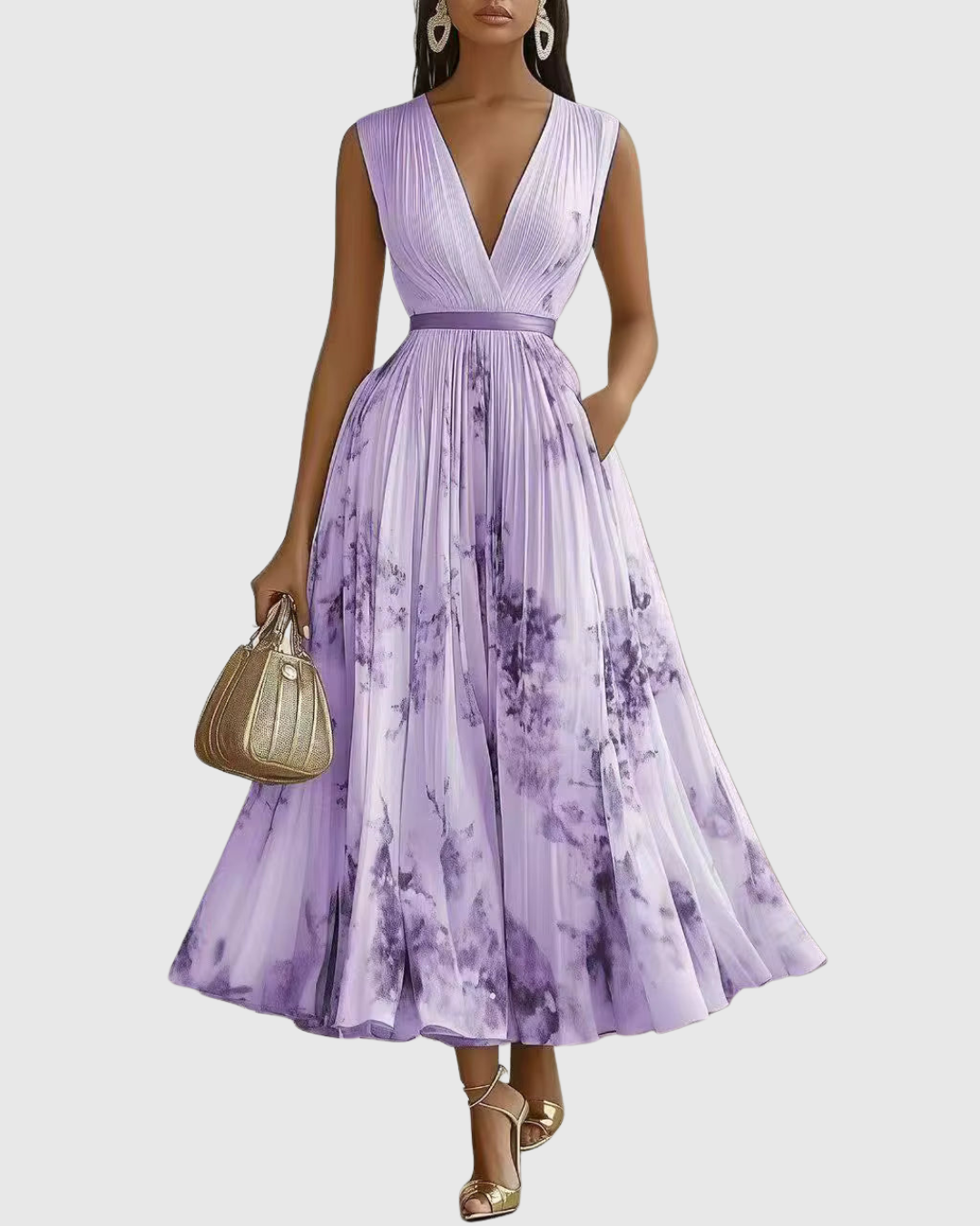 Louisa | V-Neck A-Line Midi Floral Pleated Dress