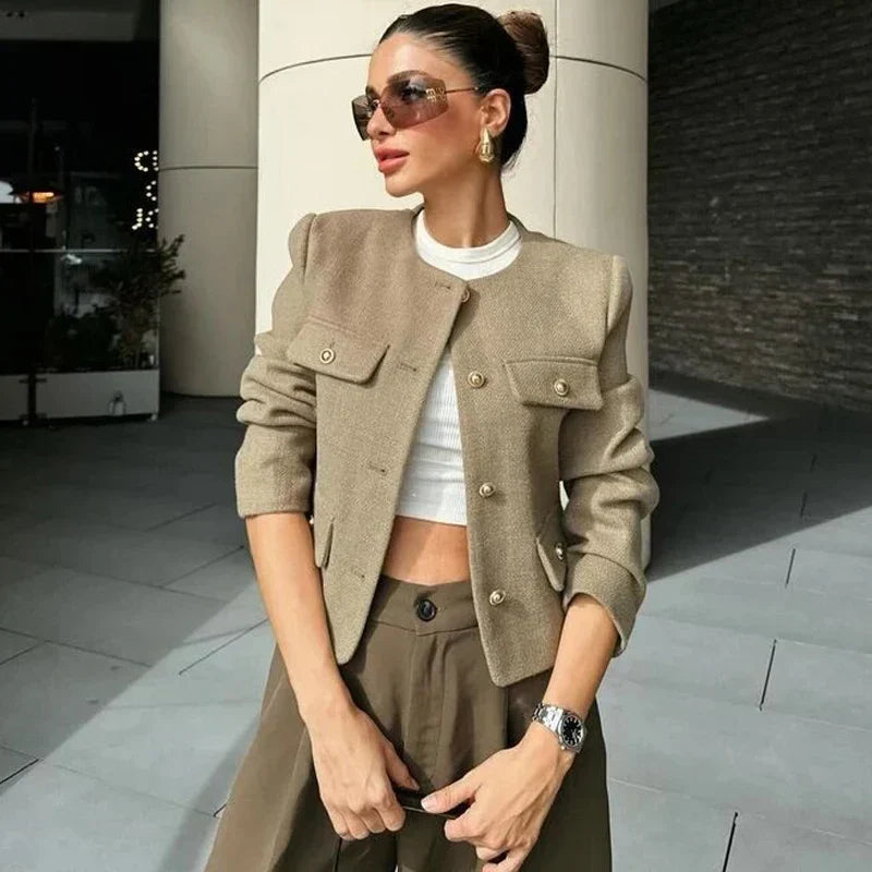 Zoya | Khaki Black Cropped Button Front Bomber Jacket