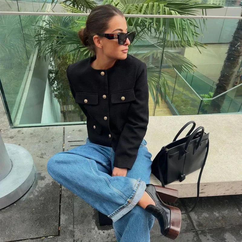 Zoya | Khaki Black Cropped Button Front Bomber Jacket
