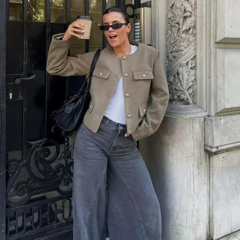Zoya | Khaki Black Cropped Button Front Bomber Jacket