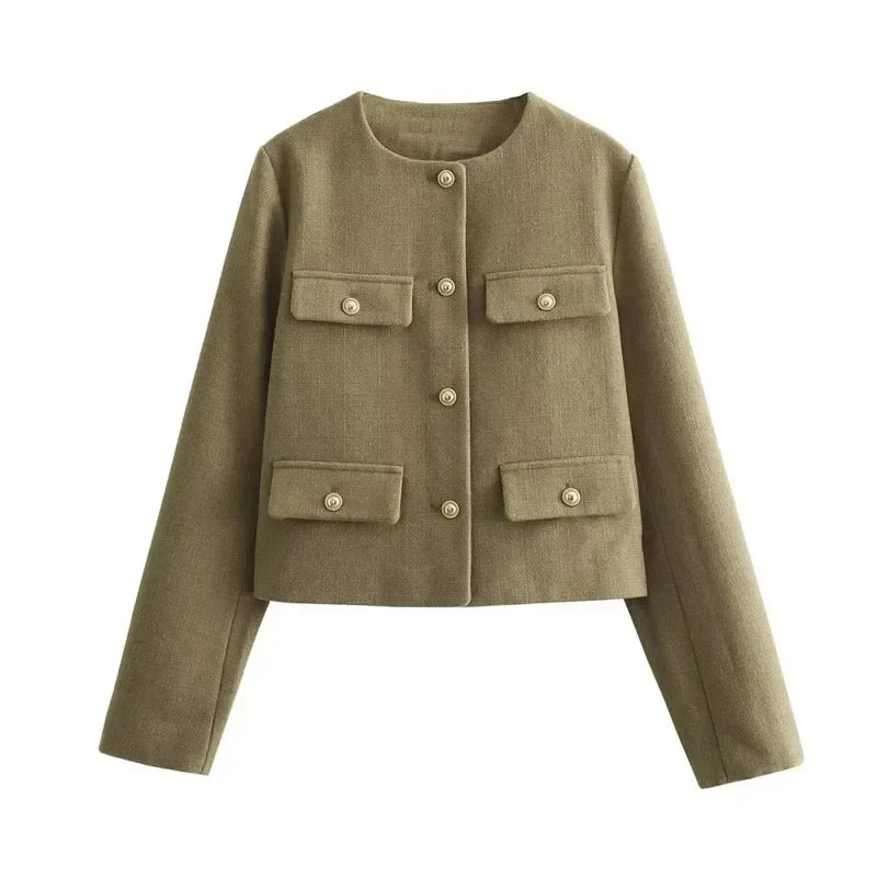 Zoya | Khaki Black Cropped Button Front Bomber Jacket