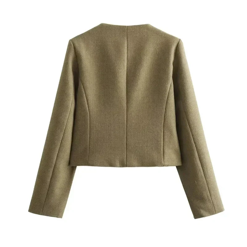 Zoya | Khaki Black Cropped Button Front Bomber Jacket