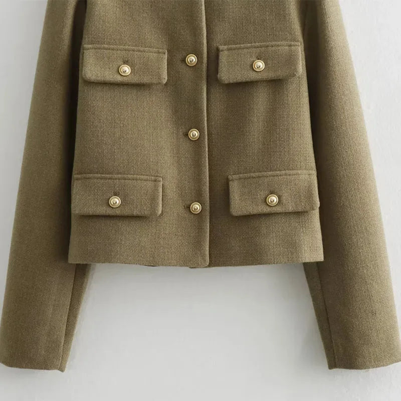 Zoya | Khaki Black Cropped Button Front Bomber Jacket