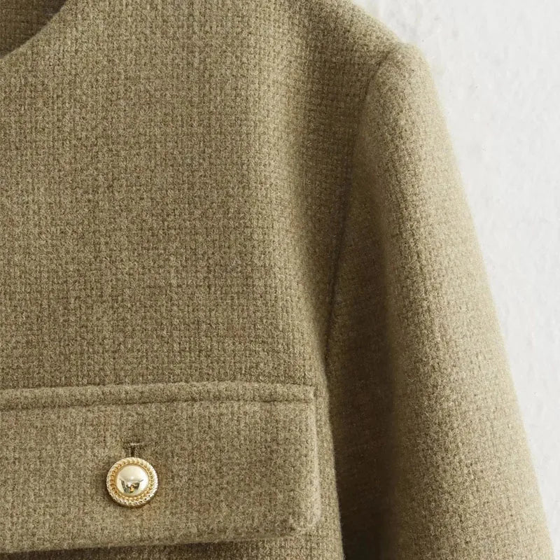 Zoya | Khaki Black Cropped Button Front Bomber Jacket