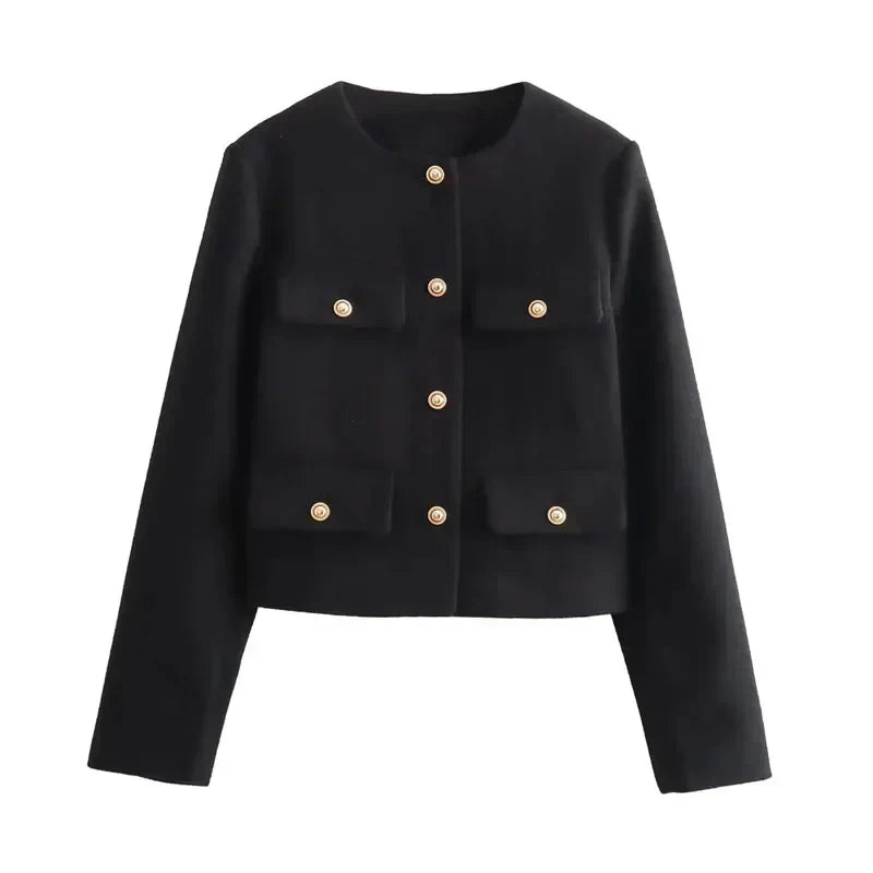 Zoya | Khaki Black Cropped Button Front Bomber Jacket