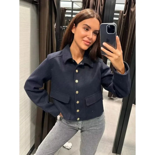 Isadora | Navy Grey Cropped Button Front Bomber Jacket