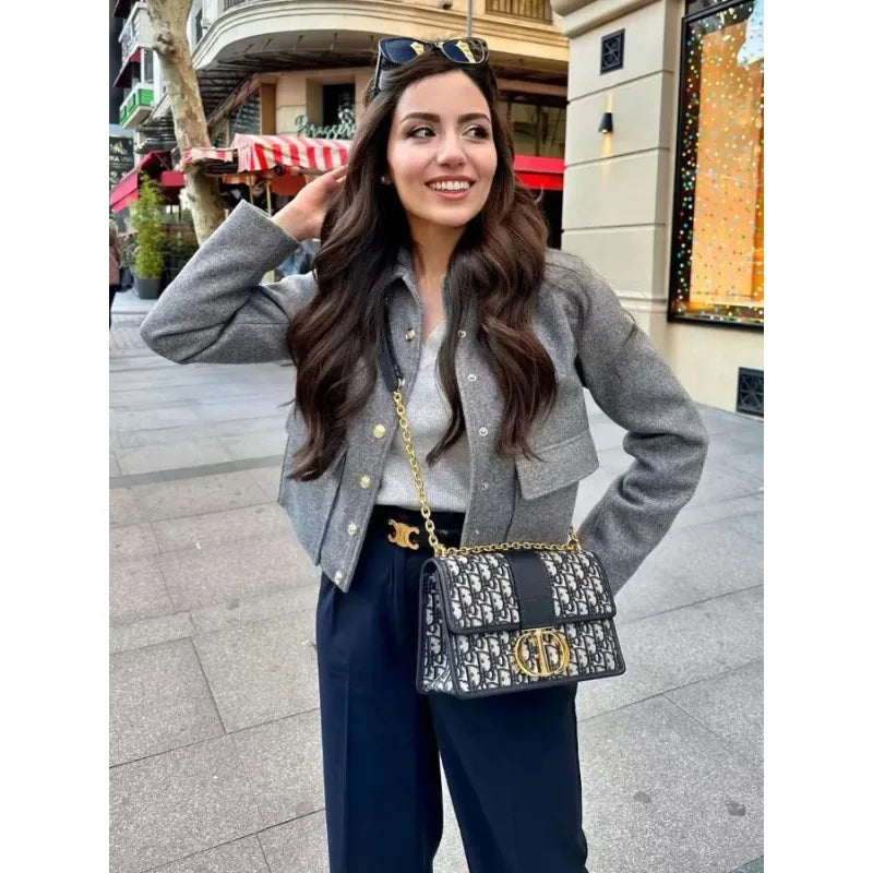 Isadora | Navy Grey Cropped Button Front Bomber Jacket
