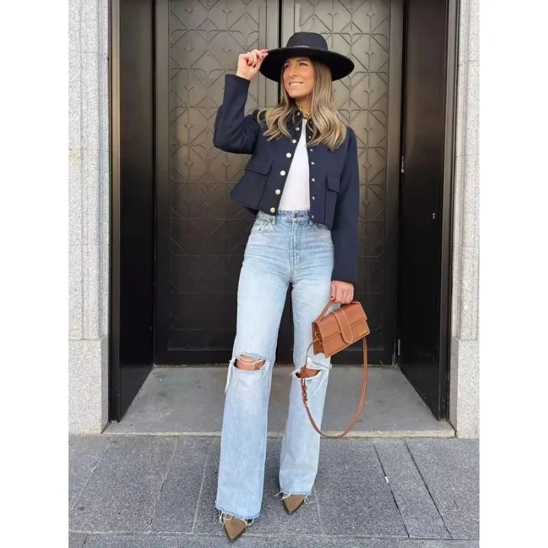 Isadora | Navy Grey Cropped Button Front Bomber Jacket
