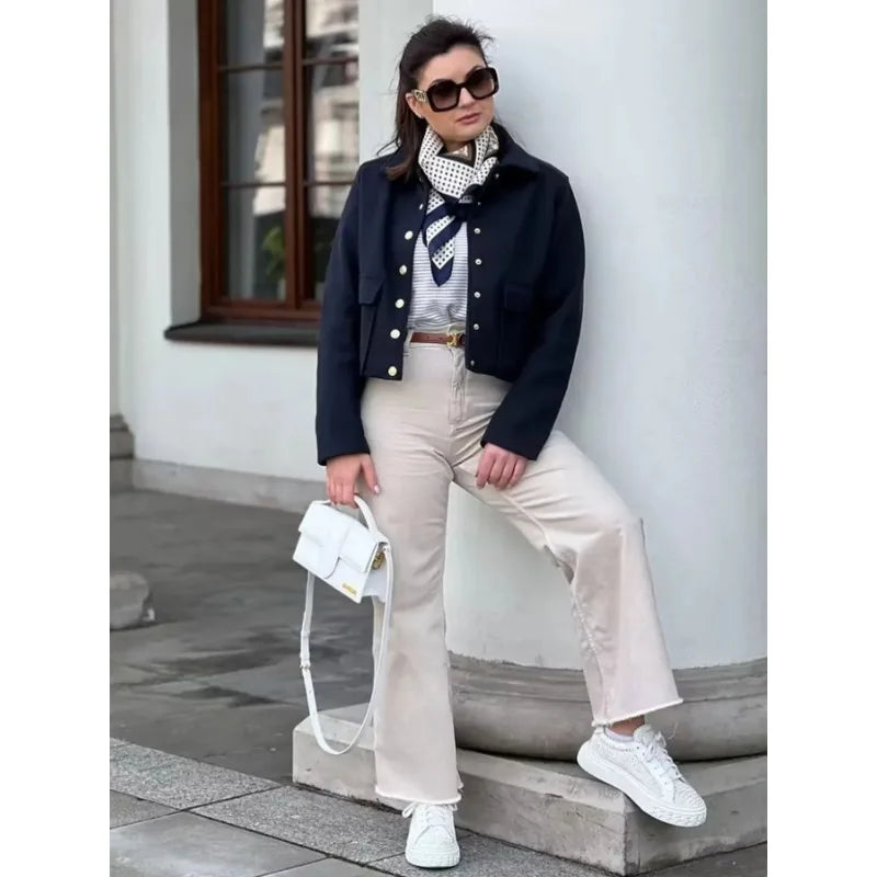 Isadora | Navy Grey Cropped Button Front Bomber Jacket