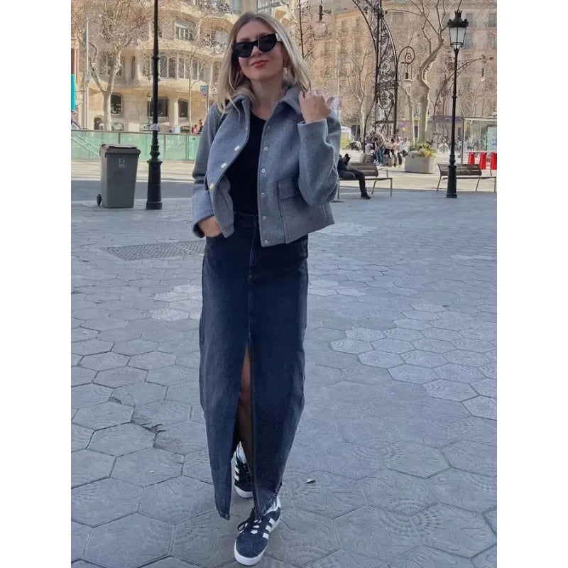 Isadora | Navy Grey Cropped Button Front Bomber Jacket