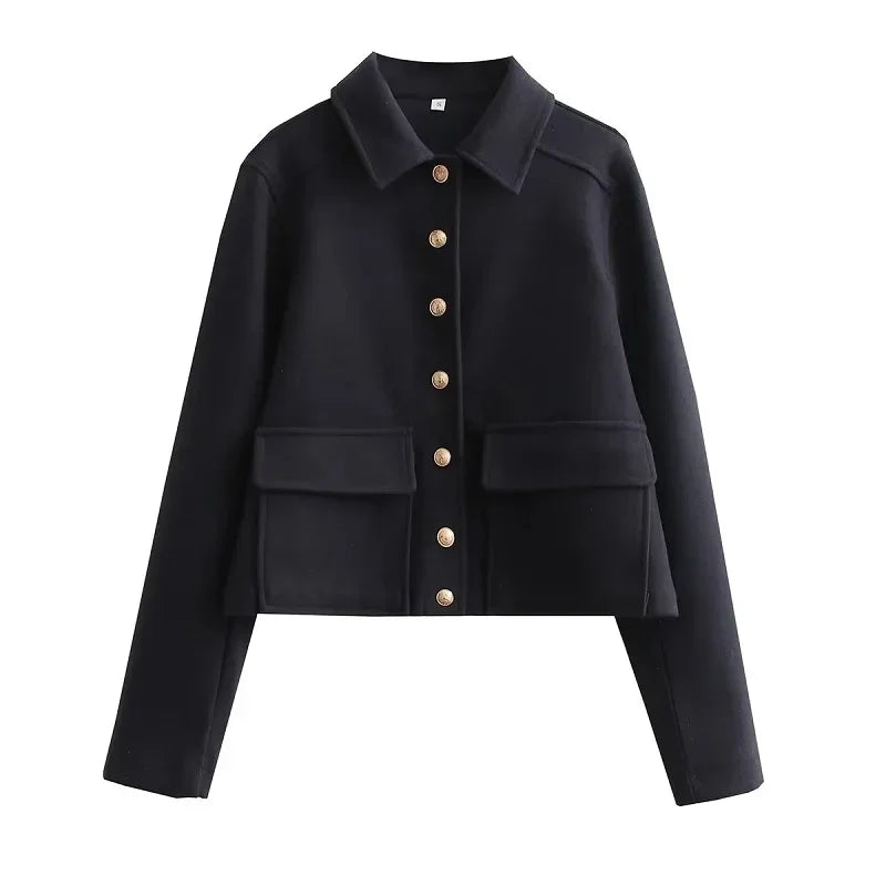 Isadora | Navy Grey Cropped Button Front Bomber Jacket