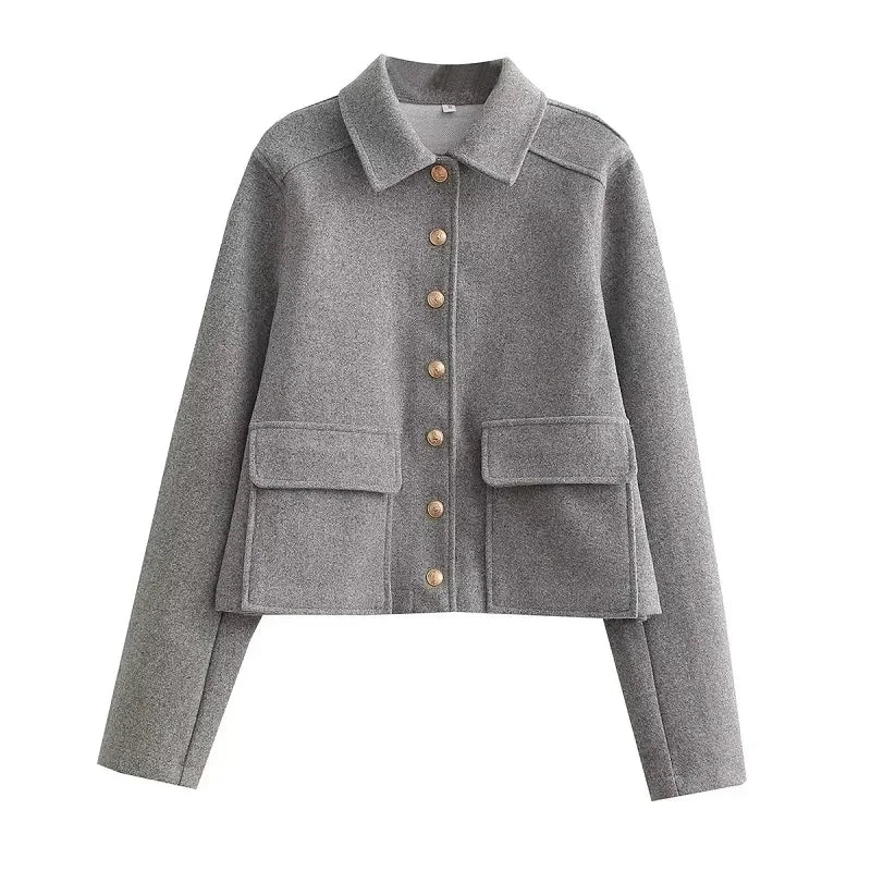 Isadora | Navy Grey Cropped Button Front Bomber Jacket