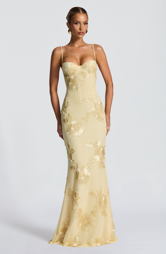 Zella | Yellow Floral Embroidered Maxi Wedding Guest Dress