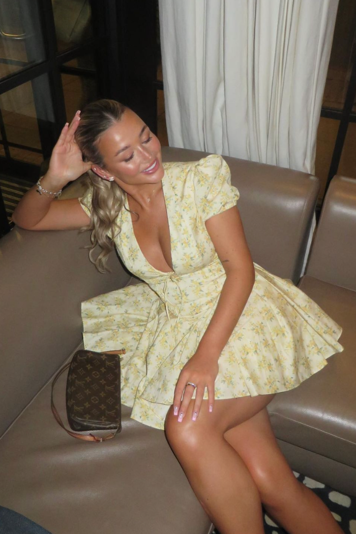 Caitlin | Women’s Yellow Floral A Line Puff Sleeve Mini Dress