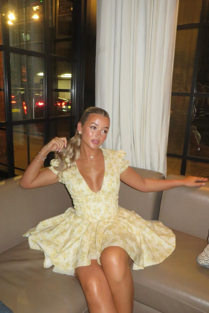 Caitlin | Women’s Yellow Floral A Line Puff Sleeve Mini Dress