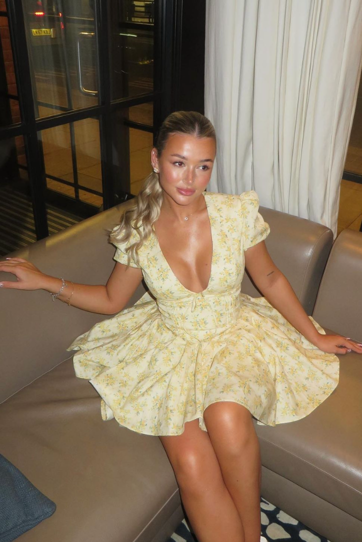 Caitlin | Women’s Yellow Floral A Line Puff Sleeve Mini Dress