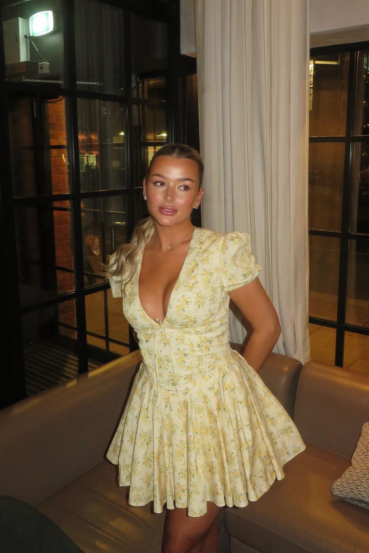 Caitlin | Women’s Yellow Floral A Line Puff Sleeve Mini Dress