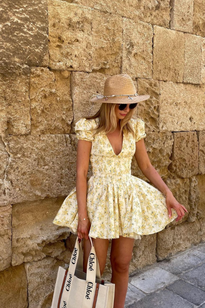 Caitlin | Women’s Yellow Floral A Line Puff Sleeve Mini Dress