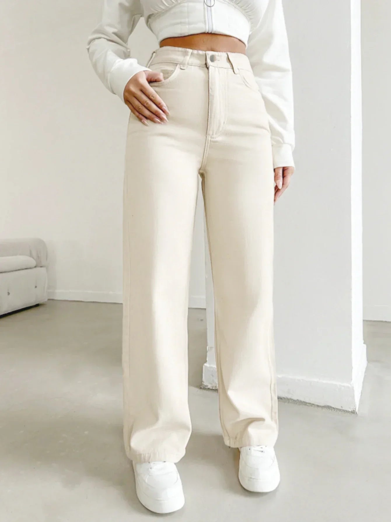 Teresa | Women's Ivory High Waist Straight Leg Pants