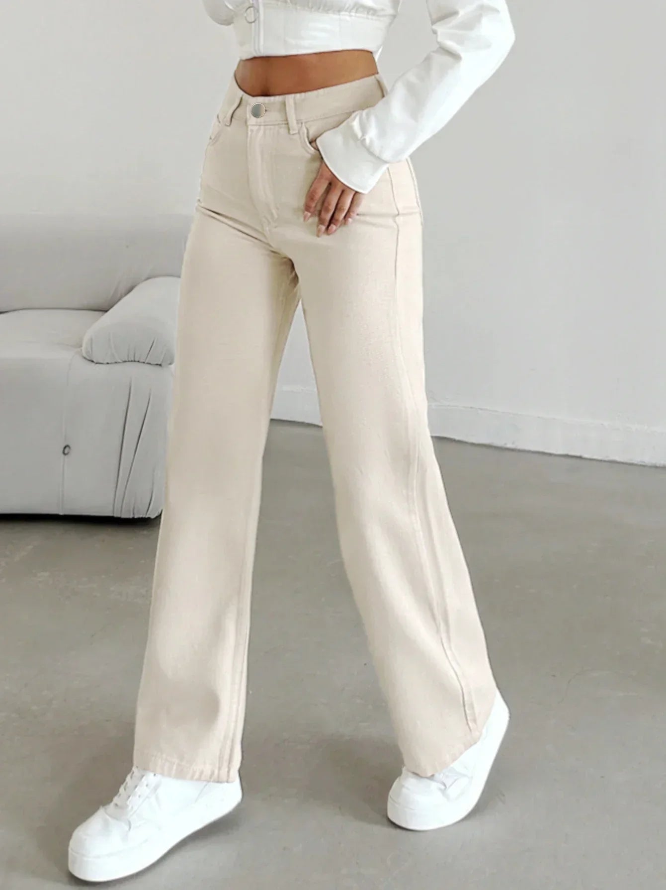 Teresa | Women's Ivory High Waist Straight Leg Pants