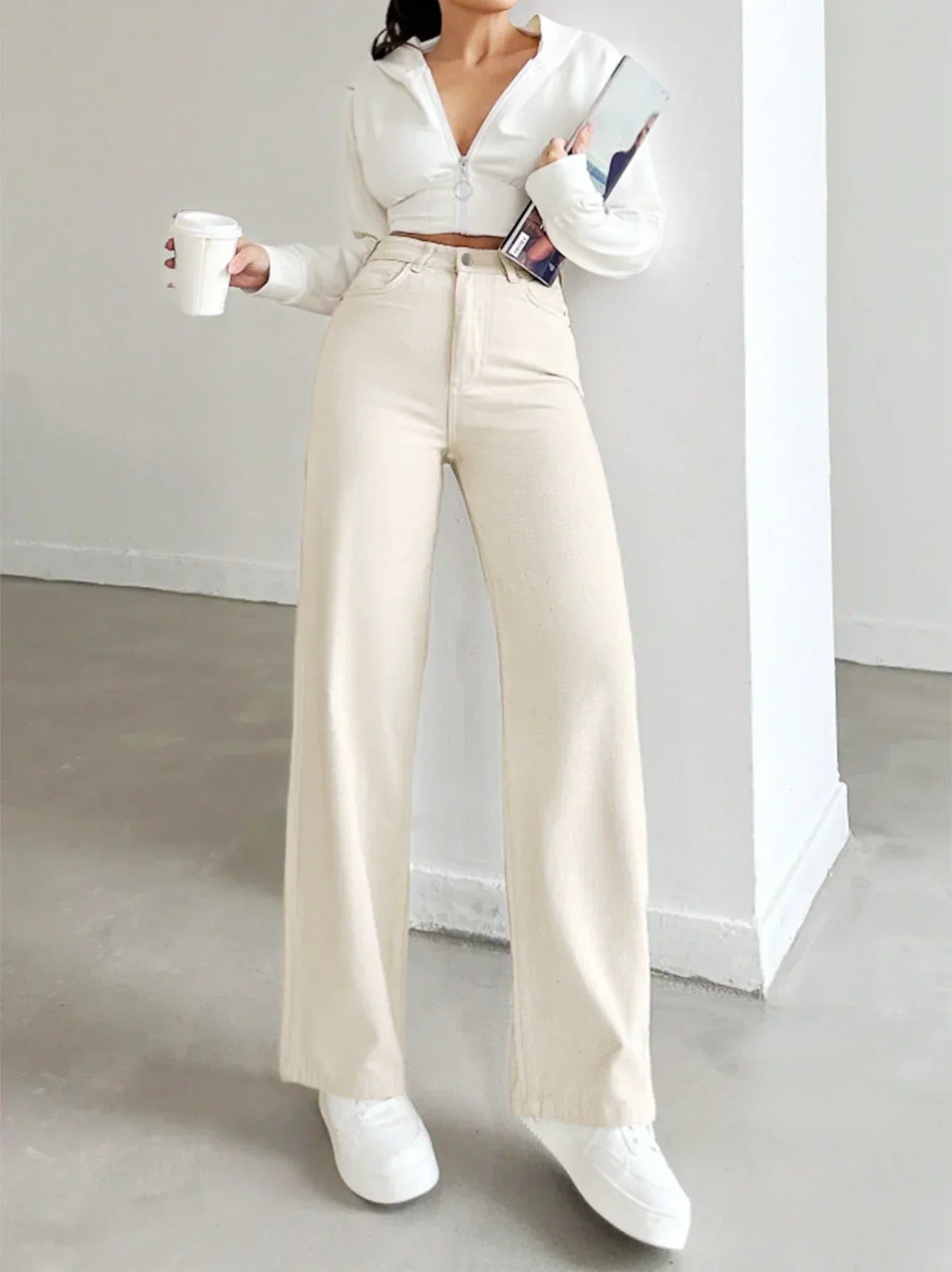 Teresa | Women's Ivory High Waist Straight Leg Pants