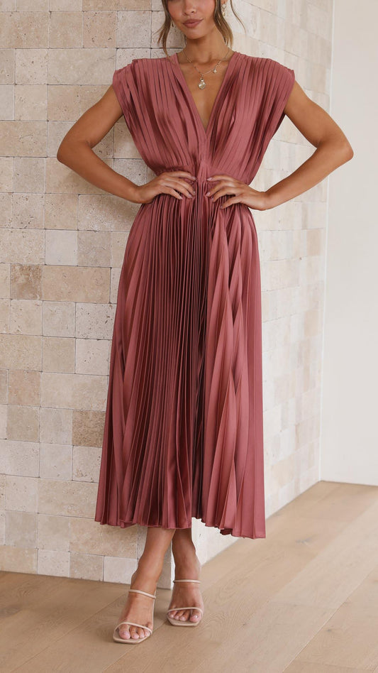 Veda | Pleated V Neck Midi Wedding Guest Dress