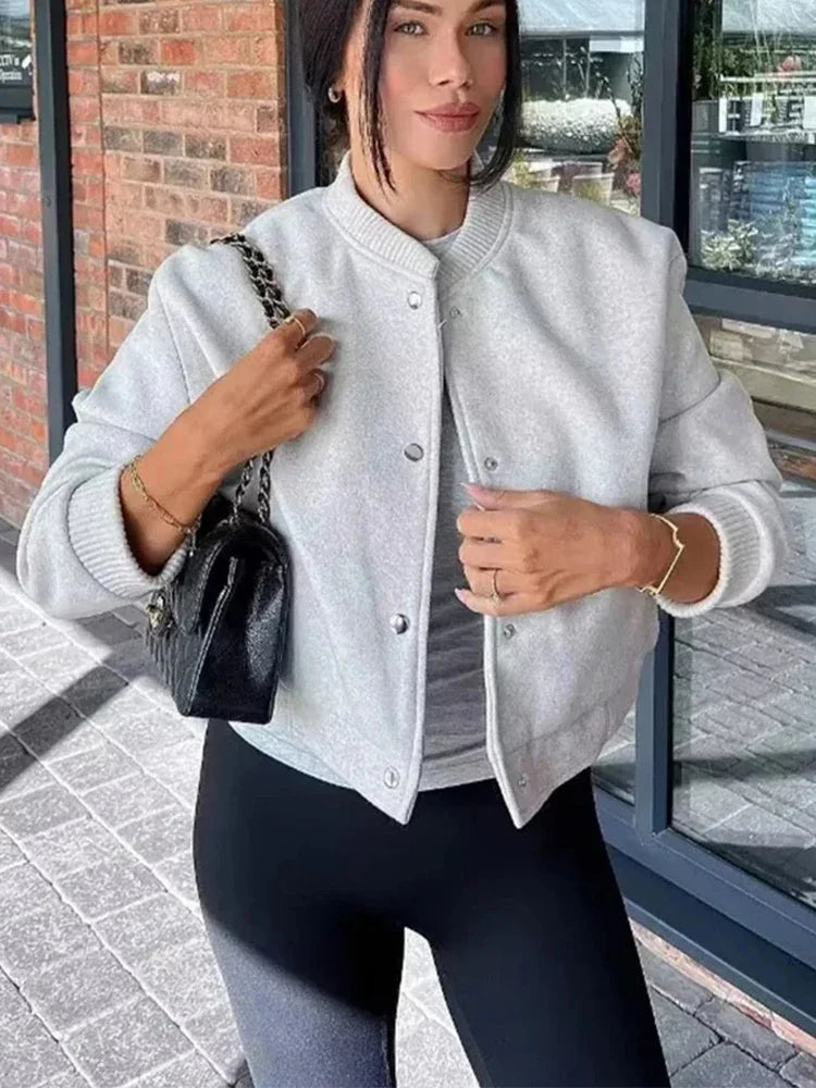 Nalani | Beige Black Cropped Button Front Bomber Jacket