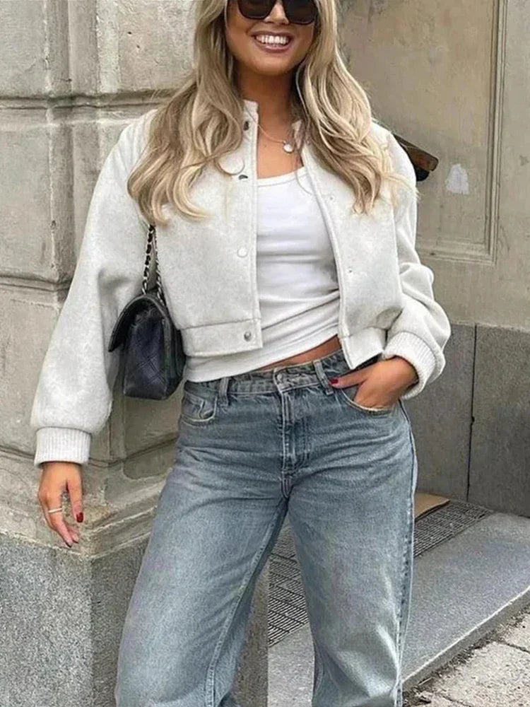 Nalani | Beige Black Cropped Button Front Bomber Jacket