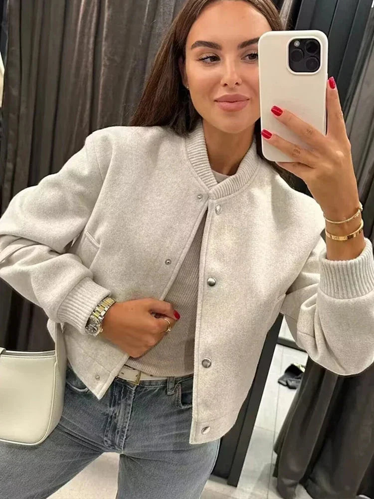Nalani | Beige Black Cropped Button Front Bomber Jacket