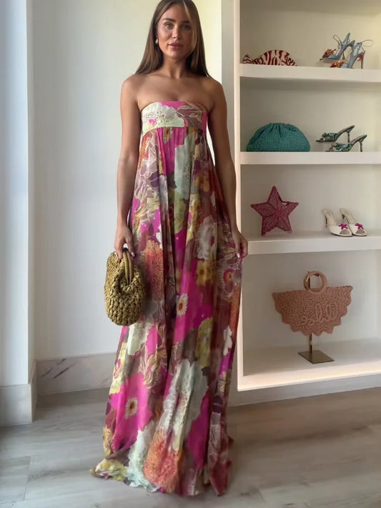 Samara | Women's Strapless Multi Coloured Floral Maxi Wedding Guest Dress