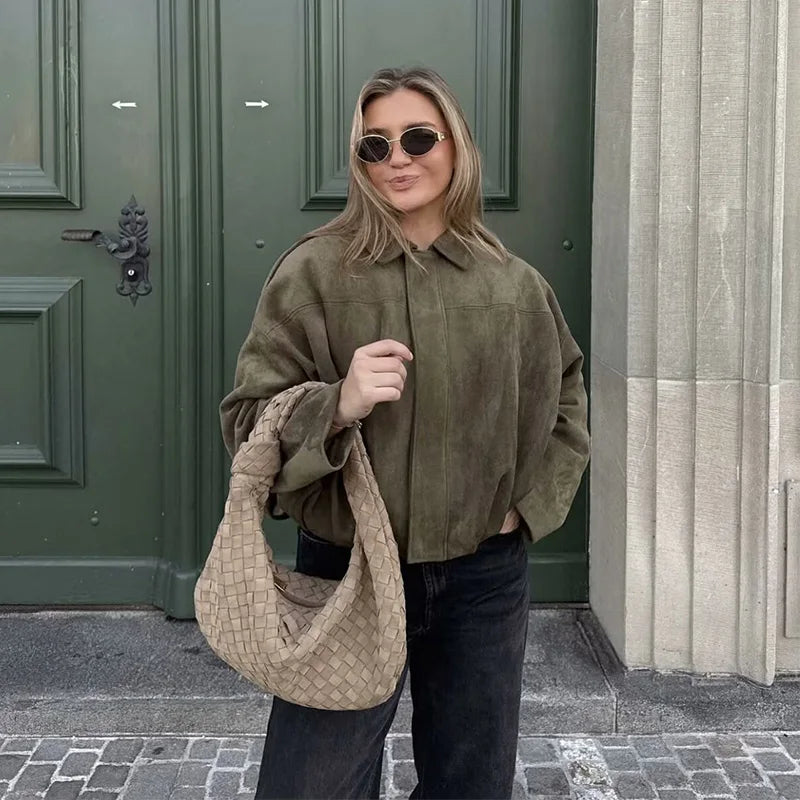 Karina | Women's Oversized Green Pink Cropped Bomber Jacket