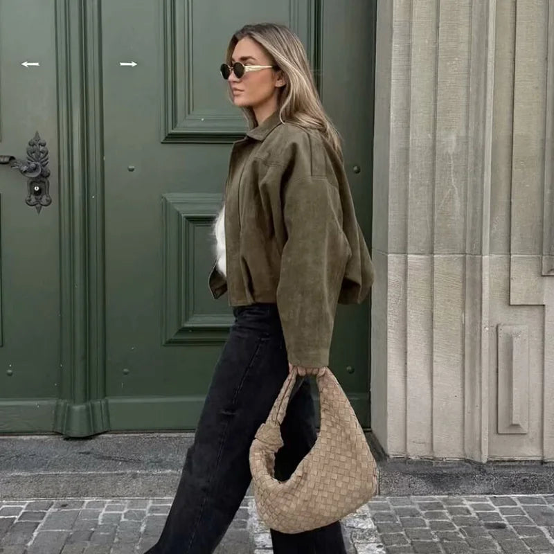 Karina | Women's Oversized Green Pink Cropped Bomber Jacket