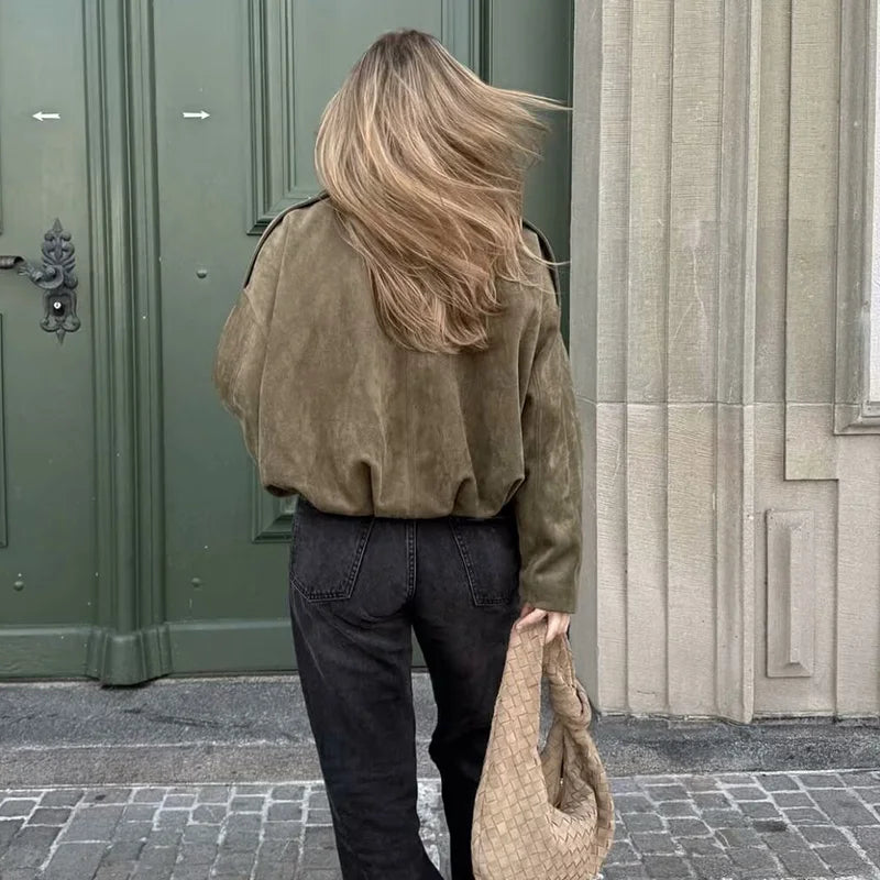Karina | Women's Oversized Green Pink Cropped Bomber Jacket