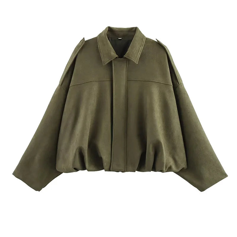 Karina | Women's Oversized Green Pink Cropped Bomber Jacket