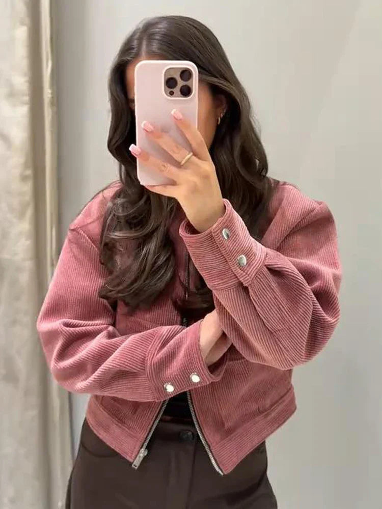 Petra | Pink Cropped Zip Up Bomber Jacket