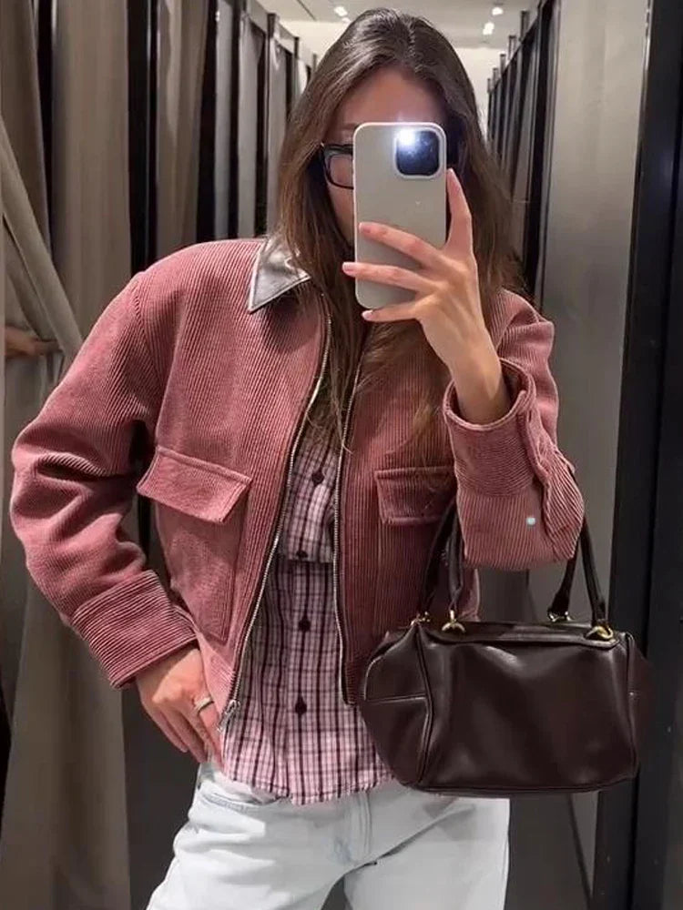 Petra | Pink Cropped Zip Up Bomber Jacket