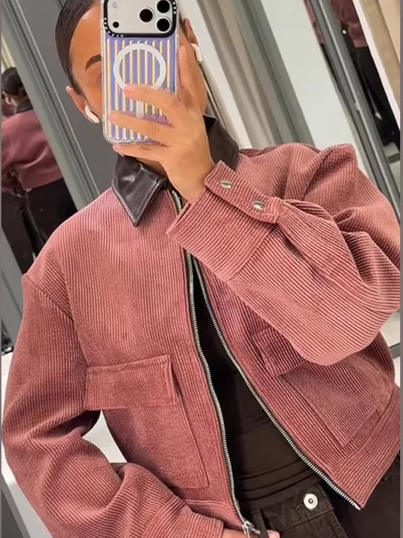 Petra | Pink Cropped Zip Up Bomber Jacket