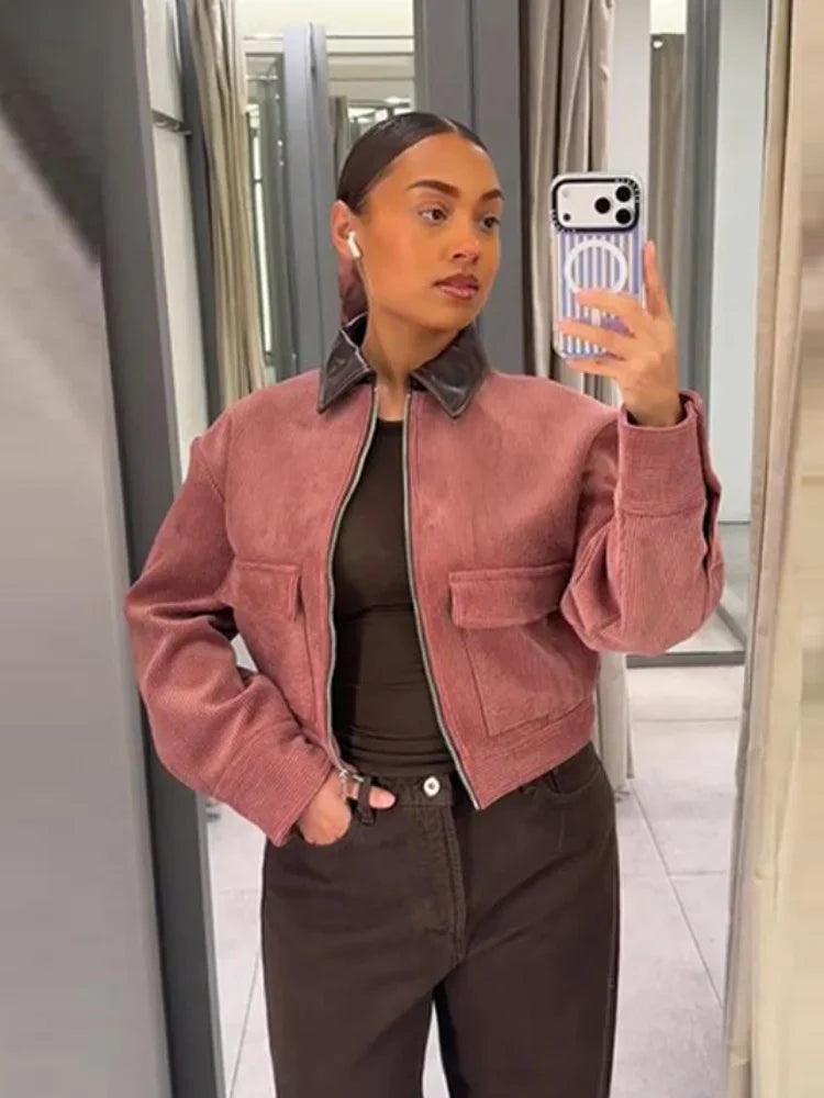 Petra | Pink Cropped Zip Up Bomber Jacket